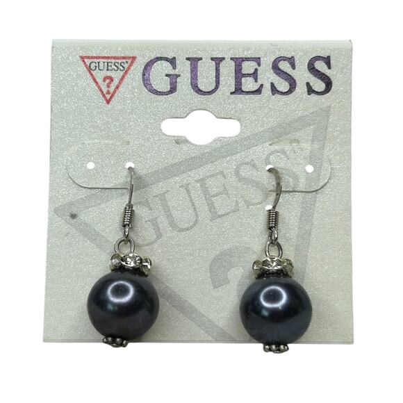 3/$15 GUESS Silver Tone White Rhinestone Gray Faux Pearl Fishhook Earrings - Picture 2 of 6